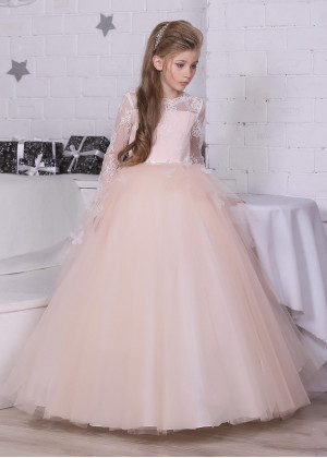 Long Sleeves Champagne Lace Tulle Butterfly Flower Girl Dress